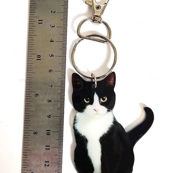 Tuxedo Black White Cat Keychain 2D Acrylic Kitty Key Ring Purse Backpack Charm - Picture 5 of 5